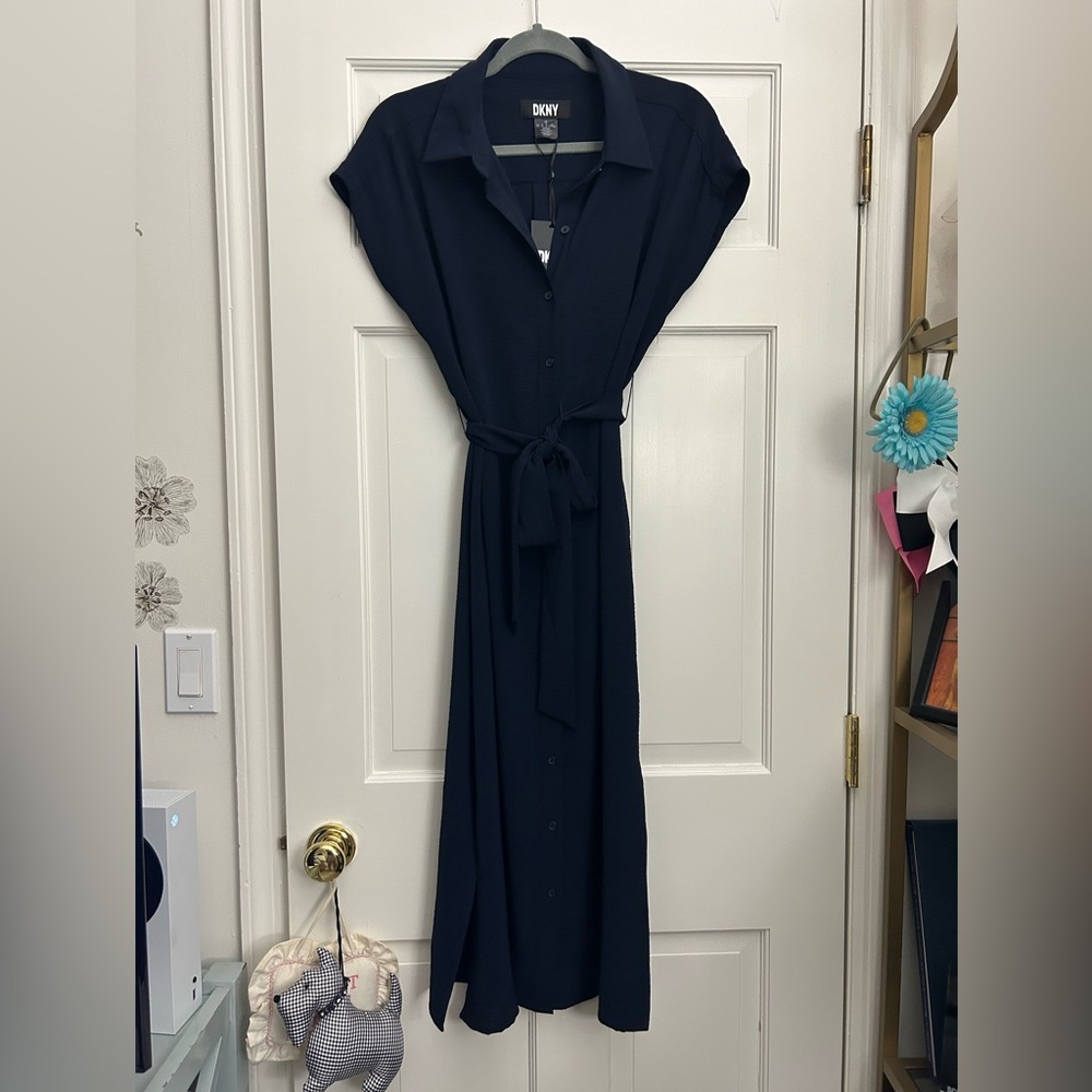 DKNY Midi Button Down Navy Tie Waist Dress
